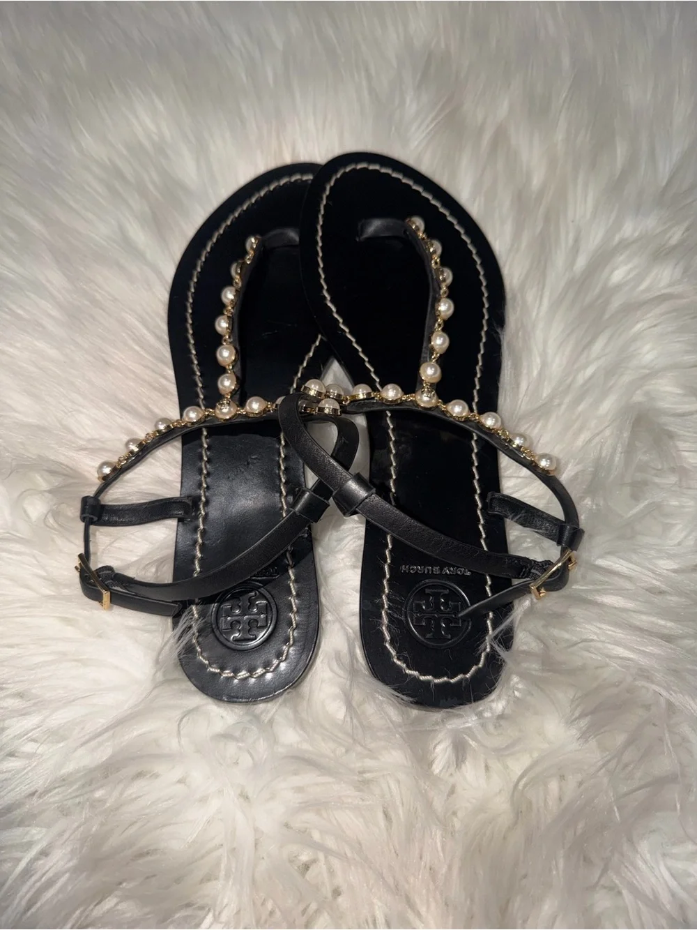 Tory Burch Black Pearl-Trim T-Strap Sandals